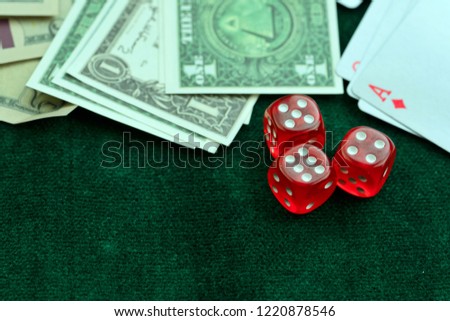 Red Dices Money Chips and Gambling Cards Photo