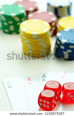 Gambling Cards Red Dices and Money Chips  Photo