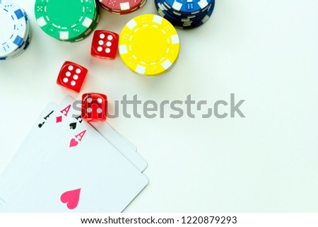 Gambling Cards Red Dices and Money Chips  Photo