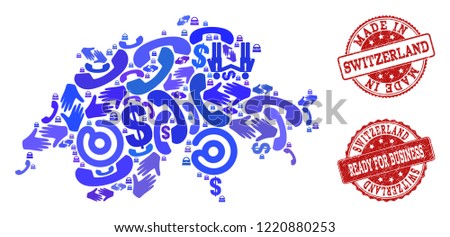 Business Contacts combination of blue mosaic map of Switzerland and rubber seals. Vector red seals with distress rubber texture have MADE IN and READY FOR BUSINESS texts.