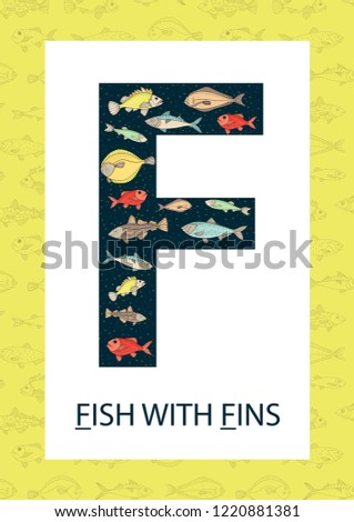 Colorful alphabet letter F. Phonics flashcard. Cute letter F for teaching reading with cartoon style fish