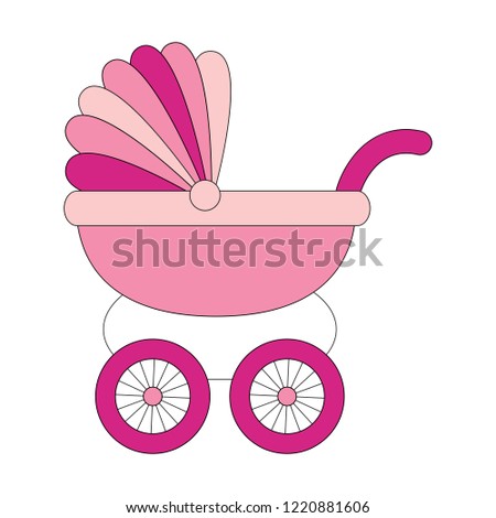 Pink baby stroller cartoon. Outlined illustration with thin line black stroke