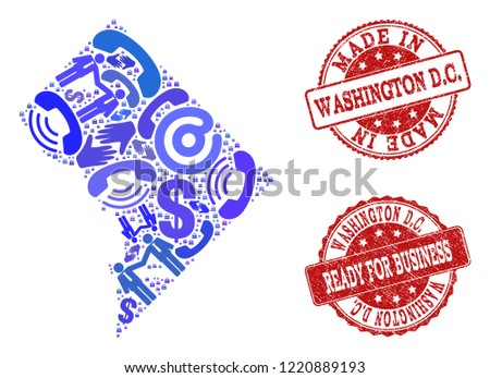 Business Contacts composition of blue mosaic map of District Columbia and unclean seal stamps. Vector red watermarks with unclean rubber texture have MADE IN and READY FOR BUSINESS texts.