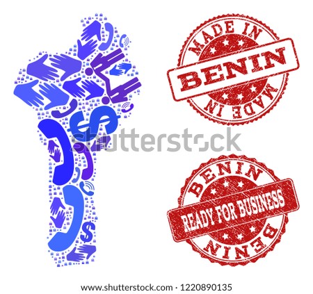 Business Contacts composition of blue mosaic map of Benin and rubber seals. Vector red seals with distress rubber texture have MADE IN and READY FOR BUSINESS texts.
