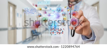 Doctor on blurred background using digital nanobot virus 3D rendering