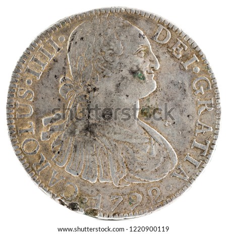 Ancient Spanish silver coin of the King Carlos IV. 1792. Coined in Mexico. 8 Reales. Obverse.