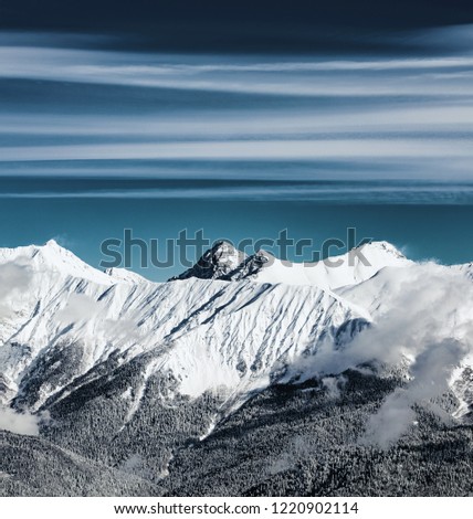 Close up view from the Rosa Peak of  Caucasus mountains. Krasnaya Polyana (Rosa Khutor alpine ski resort), Western Caucasus, Russia. 