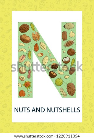 Colorful alphabet letter N. Phonics flashcard. Cute letter N for teaching reading with cartoon style nuts