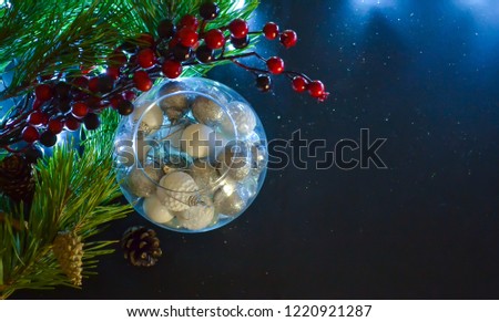Christmas, New Year card. Fir branches. Top view Scenery and New Year's lighting. Free space for text