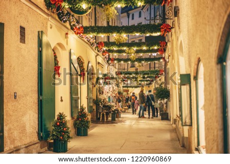 Salzburg old town city streets decorated for Christmas advent Royalty-Free Stock Photo #1220960869