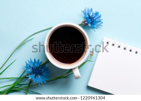 Spring background. Cornflowers, a cup of hot coffee and frame for text on a blue background. Copy space. Mockup