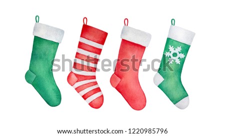 Set of traditional Christmas stockings. Fur trim and classic red, green and white color match. Cozy and beautiful December accent. Hand drawn watercolour painting, cutout clip art elements for design.