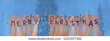 Many Hands Building Word Merry Christmas, Cold Winter Forest