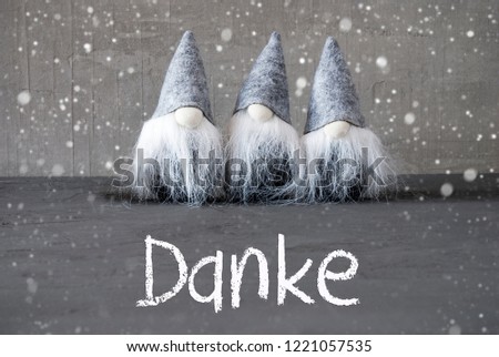 Three Gray Gnomes, Cement, Snowflakes, Danke Means Thank You