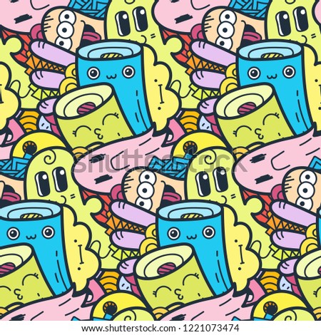 Funny doodle monsters seamless pattern for prints, designs and coloring books. Raster illustration