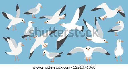 Cartoon atlantic seabird, seagulls flying in blue sky. Sea, Ocean, Gull, bird set in a vector flat style. Big oceangull pack Royalty-Free Stock Photo #1221076360