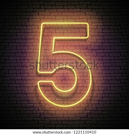 Vintage Glow Signboard with Number Five, Design Element. Shiny Neon Light. Template for Banner, Poster, Logo, Emblem, Symbol. Seamless Brick Wall. Vector 3d Illustration. Clipping Mask, Editable