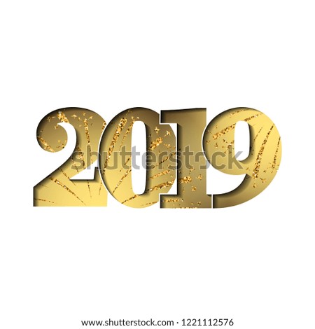 Happy new year card. Gold number 2019 with sparkles, isolated white background. Golden firework. Bright design for holiday celebration, greeting text, Christmas banner Vector illustration