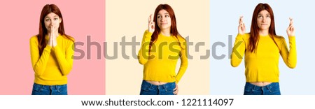 Set of Young redhead girl with yellow sweater wishing the best. Making a wish