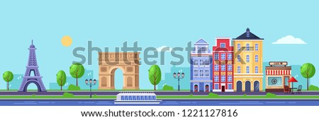 Summer season in Paris. Vector flat illustration of cityscape with Eiffel tower, Triumphal Arch and old buildings. Travel to France design. Royalty-Free Stock Photo #1221127816