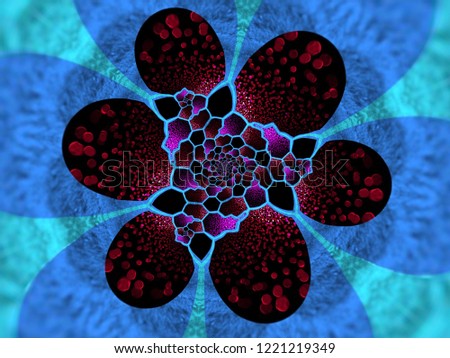 A hand drawing pattern made of blue red and fuchsia on a black background.
