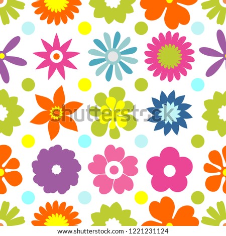 Seamless floral pattern. Repeated flowers and round spots. Vector illustration. green, white color. graphic design for paper, textile print, page fill.