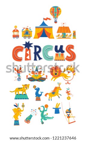 Big circus set in cartoon style.  A horse, a tiger, a clown, a rabbit in a hat, a lion, a Navy seal, an air gymnast, elephant, carousel, balloon. Circus carnival