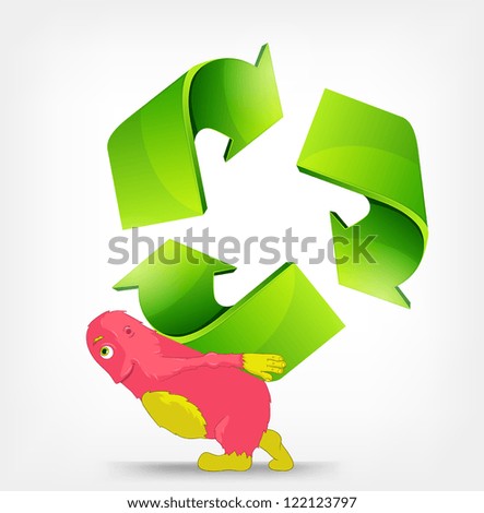 Cartoon Character Monster carrying Recycle Sign. Vector EPS 10.