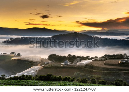 Beautiful images of the radiant dawn in the hills and mountains in the fanciful clouds in the area near Da Lat town