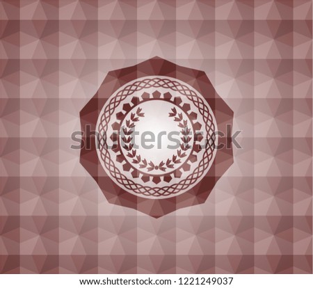 leaf crown icon inside red seamless emblem with geometric pattern.