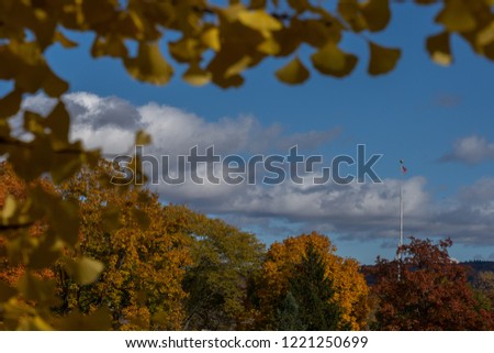 Fall background with bright blue sky and clods, and colorful autumn foliage framing the picture.  American flag in focus on a background. 