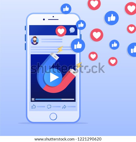 Mobile smart phone with magnet attracting hearts and likes. Social media marketing concept. Simple flat design. Vector illustration. Ideal for your social media post.