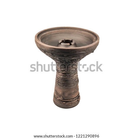 Bowl of clay for hookah, brown, isolated on white.
