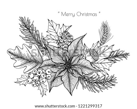 Christmas decoration with flower and leaf hand drawn illustration.
