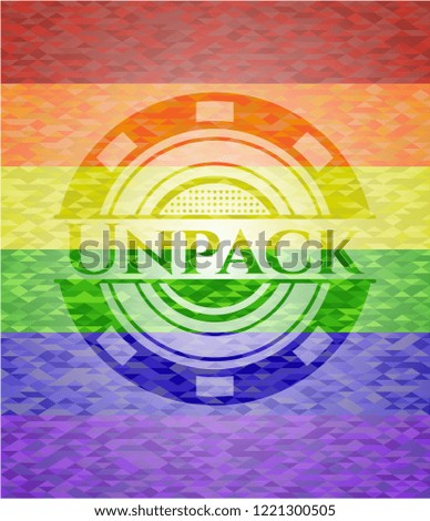 Unpack emblem on mosaic background with the colors of the LGBT flag
