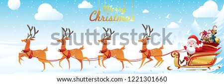 Merry Christmas and Happy New Year.Santa Claus is rides reindeer sleigh with a sack of gifts in Christmas snow scene. vector illustration Greeting card poster horizontal banner