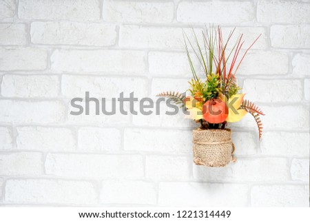 Small pot autumn's flower with background empty  board for write text on, decorate for halloween day , inviting halloween background concept.