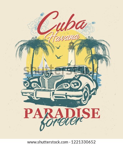 Cuba typography for t-shirt print with sun,beach and retro car.Vintage poster. Royalty-Free Stock Photo #1221330652