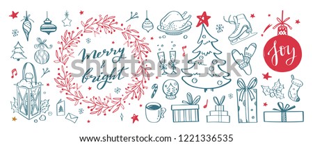 Big set of Christmas design doodle elements with Merry Christmas and New Year Lettering Royalty-Free Stock Photo #1221336535