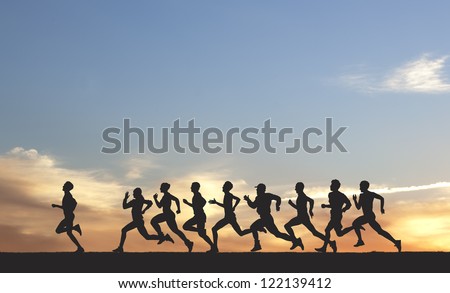 Marathon, black silhouettes of runners on the sunset Royalty-Free Stock Photo #122139412