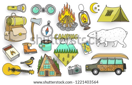 Set of cute camping elements. Stickers, doodle pins, patches. Equipment in forest. Mountain, fire, map, compass, bear, tent, car, backpack, guitar.
