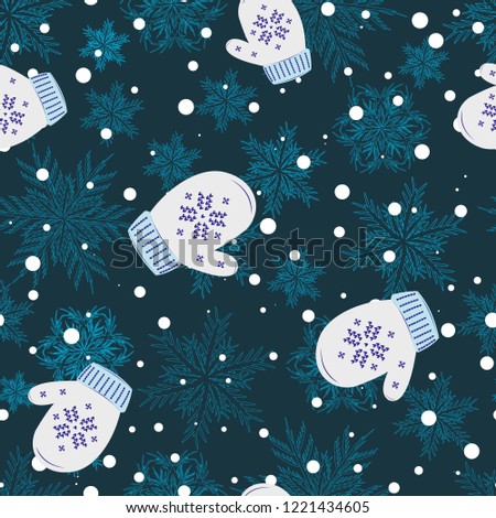 Christmas seamless pattern of mittens and snowflakes on blue background. Vector illustration