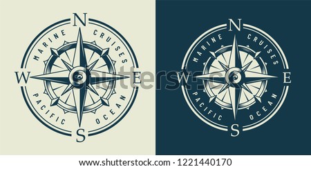 Vintage monochrome marine label with navigational compass isolated vector illustration