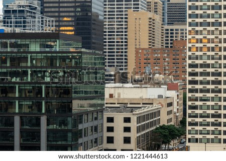 An eye level view of the buildings of the financial district of Philadelphia.