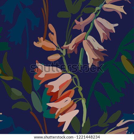 Vintage floral seamless background pattern. Blooming garden bell flowers. Vector illustration in hand drawn style.
