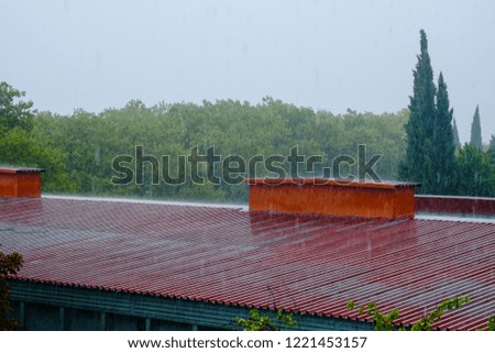 red metal roof in rainy weather
