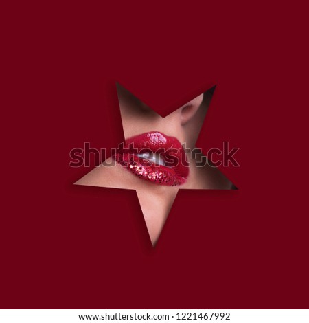 Beauty salon advertising banner with copy space. View of bright lips with glitter through hole in paper background. Make up artist, beauty concept. Square crop. Cosmetics sale