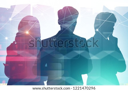 Silhouettes of managers standing over cityscape background with business infographics in the foreground. Toned image double exposure