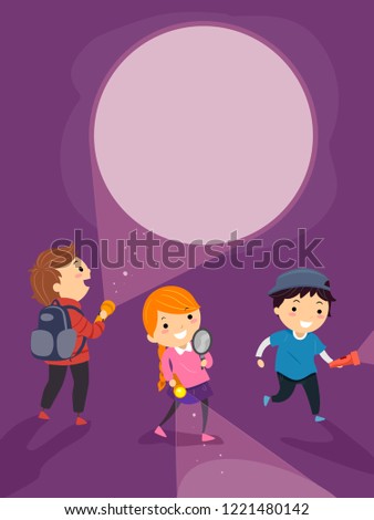 Illustration of Stickman Kids Holding Flashlight and Magnifying Glass Solving a Mystery