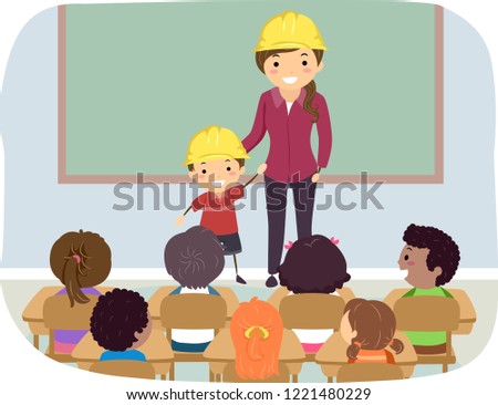 Illustration of Stickman Kids in Classroom with Mother and Kid Wearing Yellow Construction Hard Hat